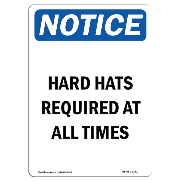 OSHA Sign, Hard Hats Req All Times, 5in X 3.5in Decal, 10PK, 3.5" W, 5" H, Portrait, PK10